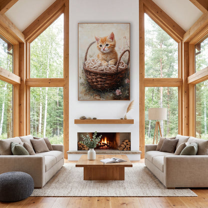 Ginger Kitten Yarn Basket Farmhouse wall art in a farmhouse-style room – ginger kitten with green eyes sitting