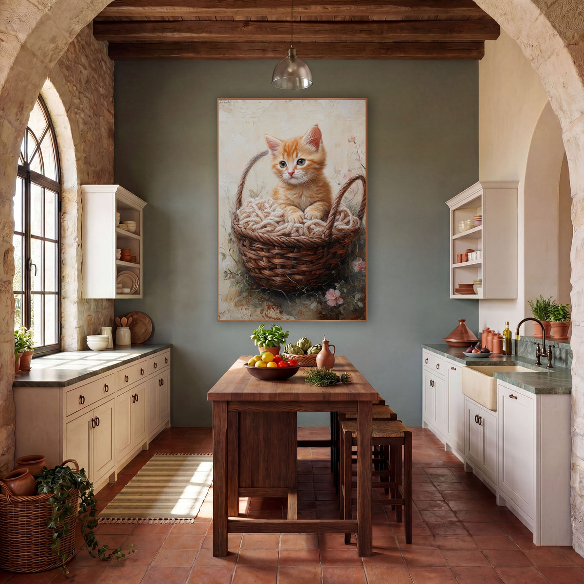 Ginger Kitten Yarn Basket Farmhouse wall art in a farmhouse-style room – ginger kitten with green eyes sitting
