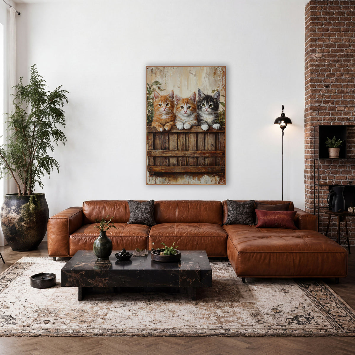 Ginger Calico Gray Kittens Crate wall art in a farmhouse-style room – three fluffy kittens peeking over a weathered