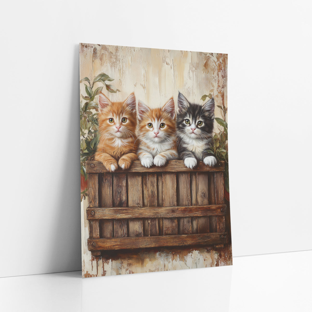 Ginger Calico Gray Kittens Crate art print leaning against a white wall – three fluffy kittens peeking over a weathered