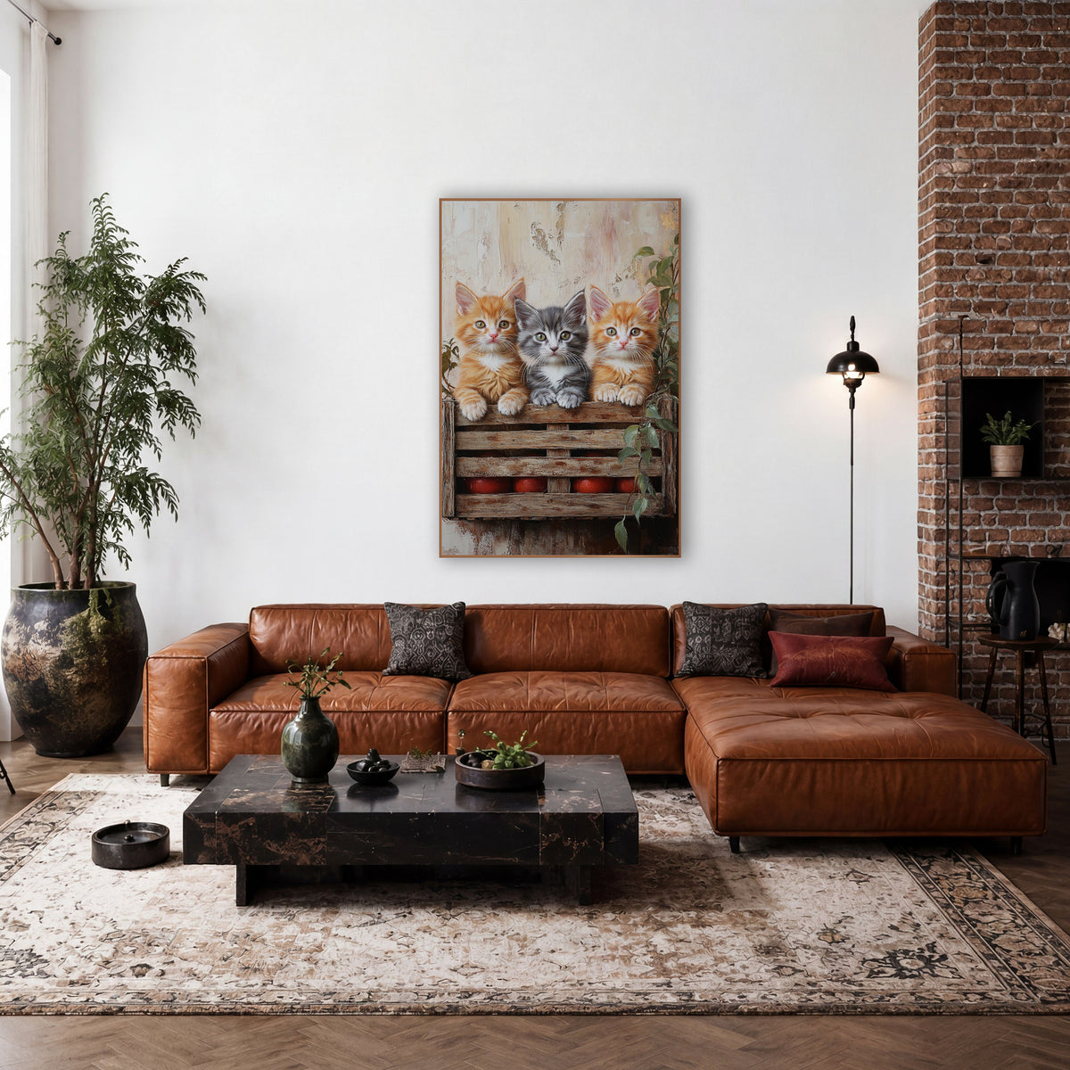 Ginger Gray Kittens Tomato Crate wall art in a farmhouse-style room – two orange kittens and a gray kitten peek
