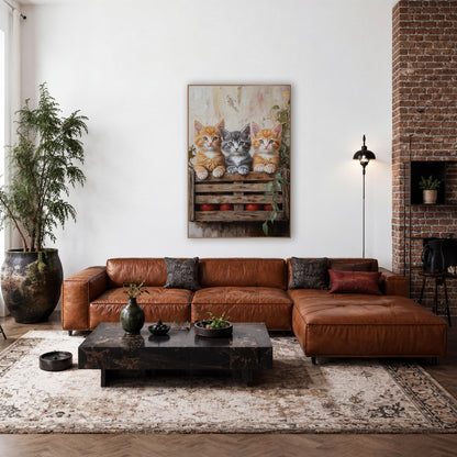 Ginger Gray Kittens Tomato Crate wall art in a farmhouse-style room – two orange kittens and a gray kitten peek