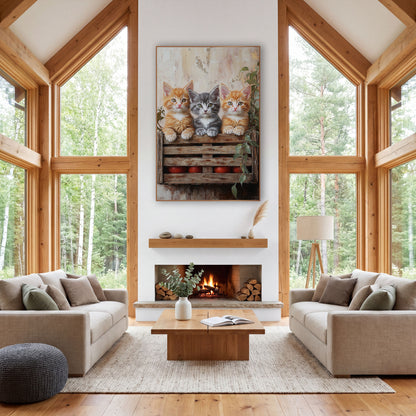 Ginger Gray Kittens Tomato Crate wall art in a farmhouse-style room – two orange kittens and a gray kitten peek