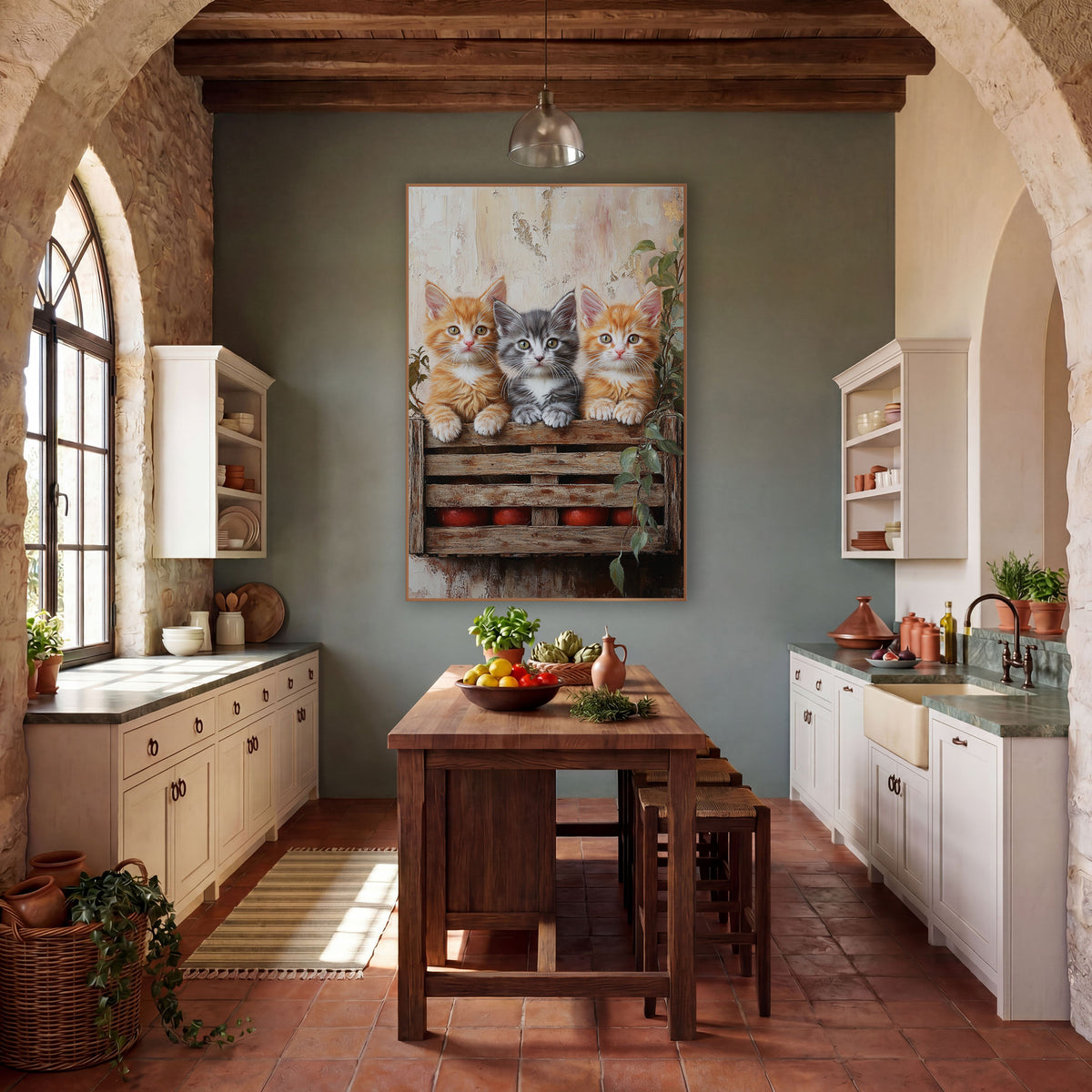 Ginger Gray Kittens Tomato Crate wall art in a farmhouse-style room – two orange kittens and a gray kitten peek