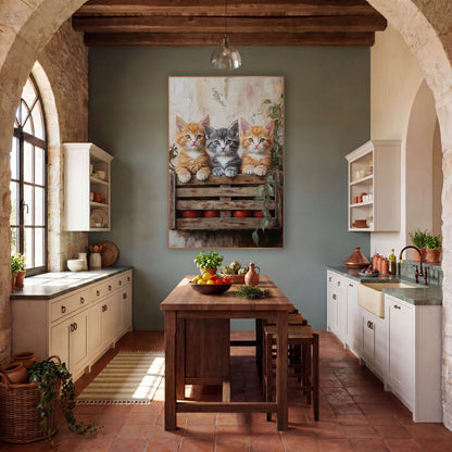 Ginger Gray Kittens Tomato Crate wall art in a farmhouse-style room – two orange kittens and a gray kitten peek