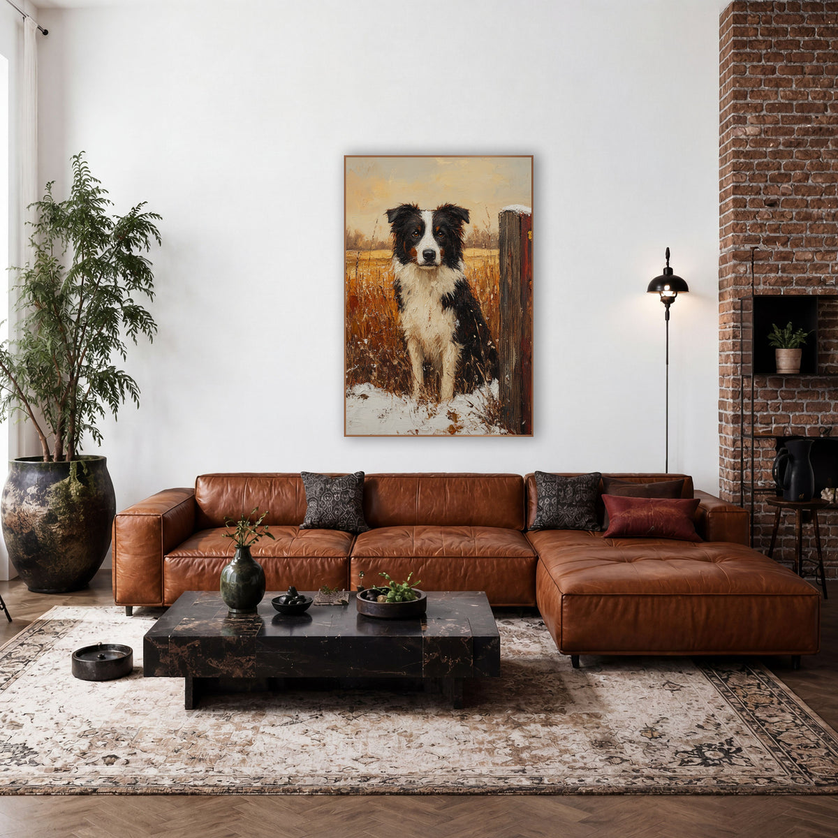 Black White Farm Dog Rustic wall art in a farmhouse-style room – black and white dog with amber eyes sitting