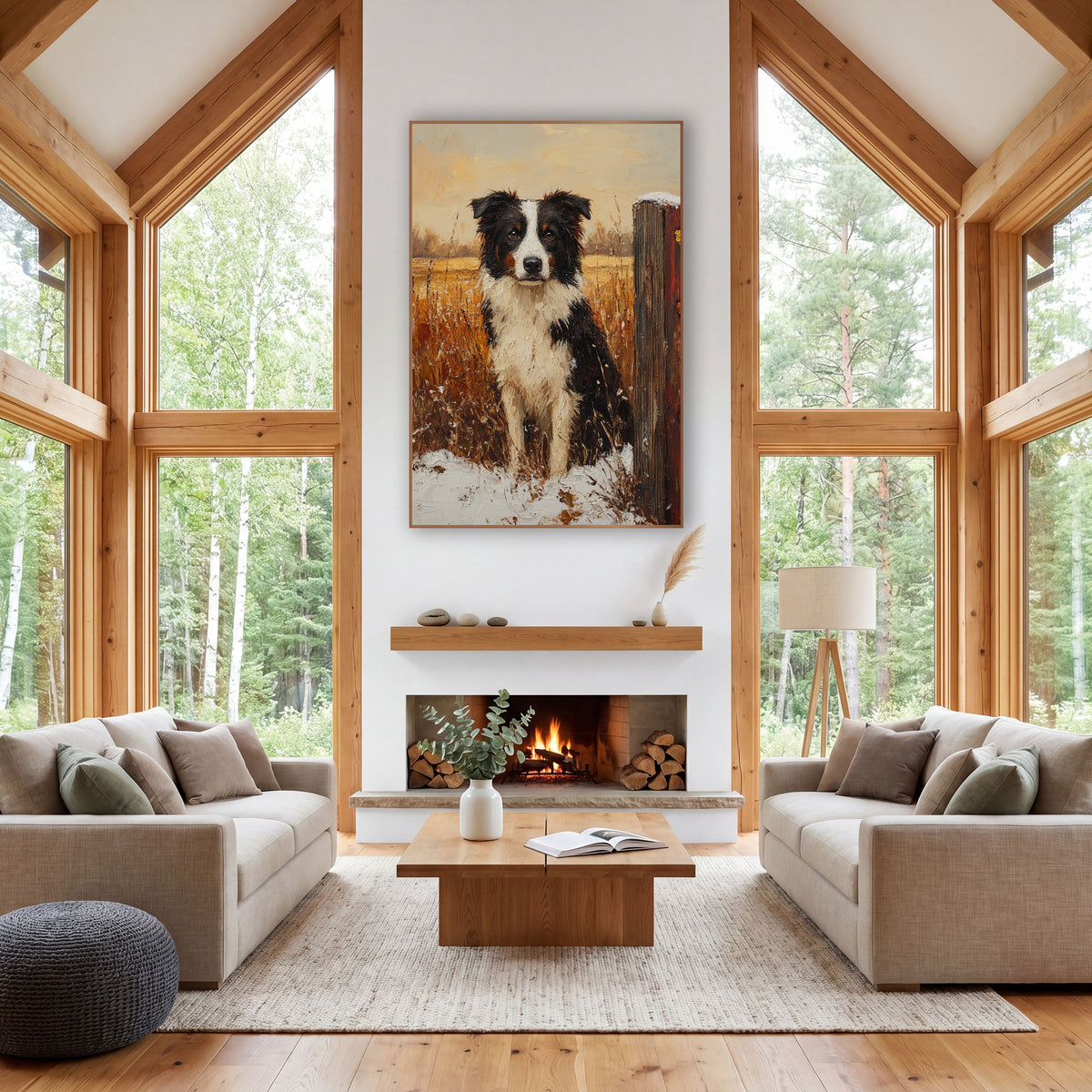 Black White Farm Dog Rustic wall art in a farmhouse-style room – black and white dog with amber eyes sitting