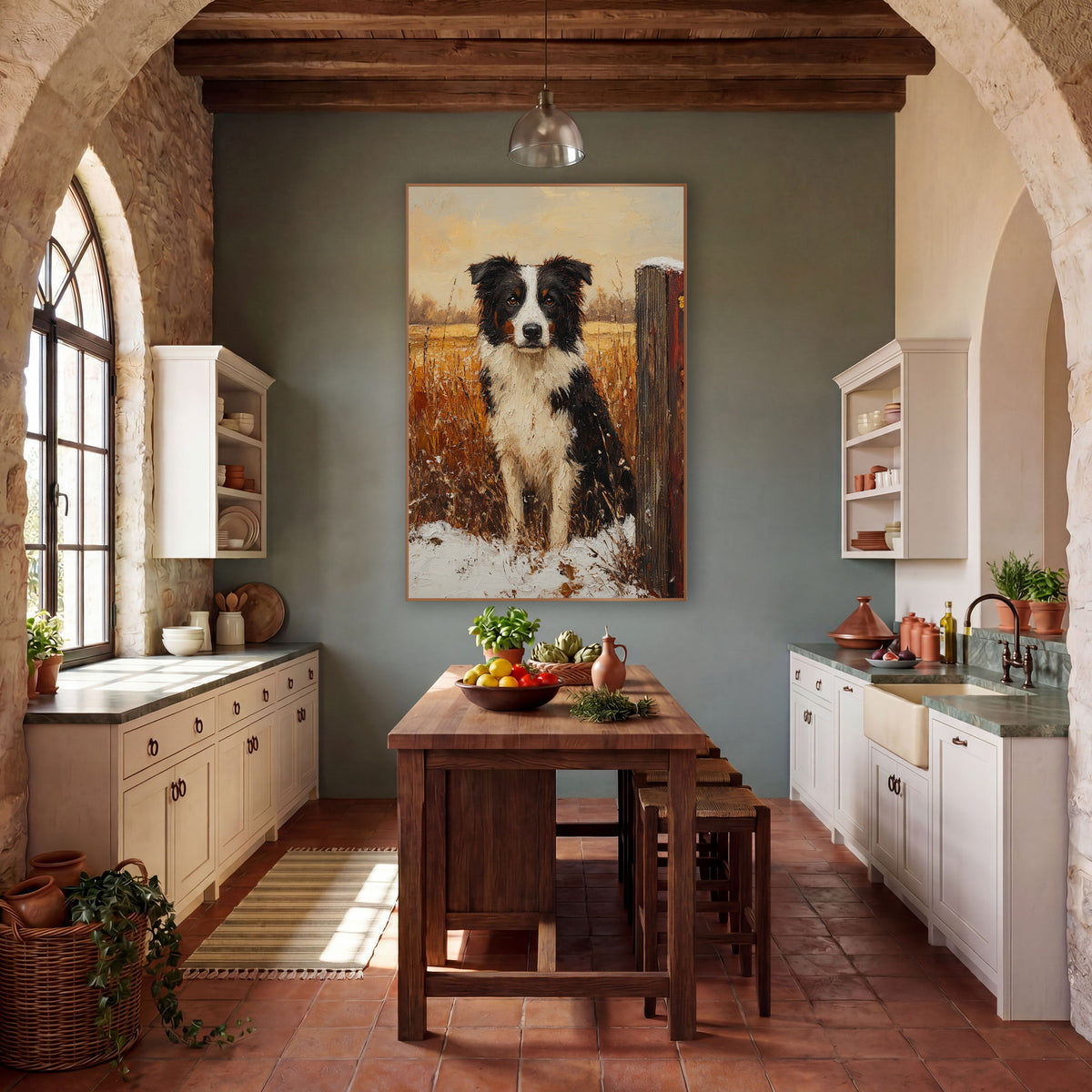 Black White Farm Dog Rustic wall art in a farmhouse-style room – black and white dog with amber eyes sitting