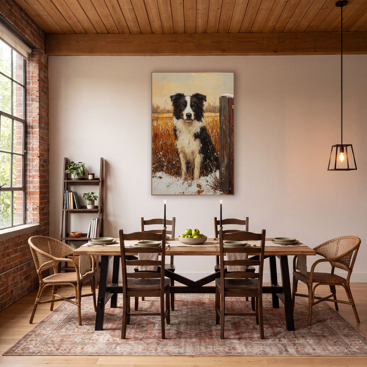 Black White Farm Dog Rustic wall art in a farmhouse-style room – black and white dog with amber eyes sitting