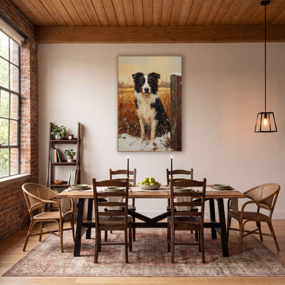 Black White Farm Dog Rustic wall art in a farmhouse-style room – black and white dog with amber eyes sitting
