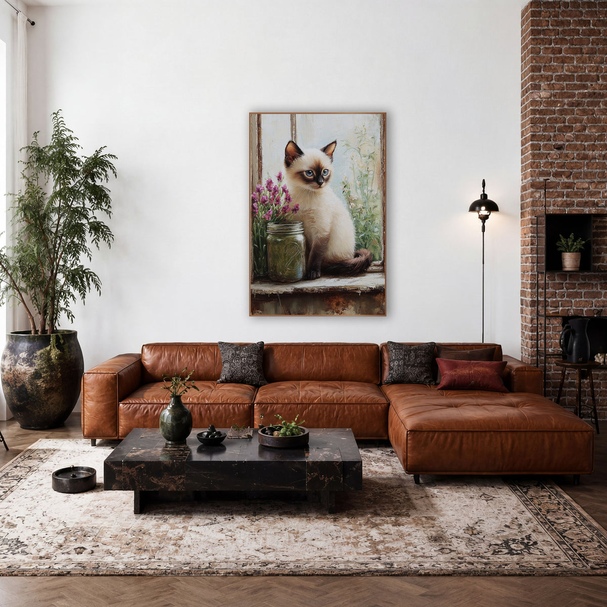Siamese Kitten Beside Green Jar wall art in a farmhouse-style room – siamese kitten with blue eyes sitting