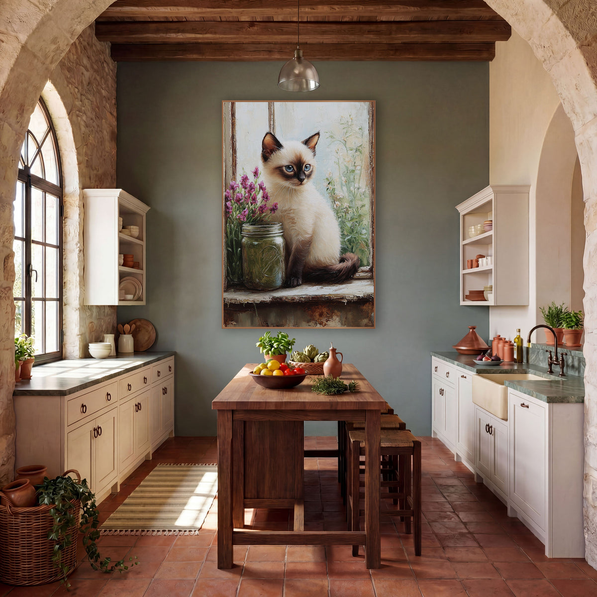 Siamese Kitten Beside Green Jar wall art in a farmhouse-style room – siamese kitten with blue eyes sitting