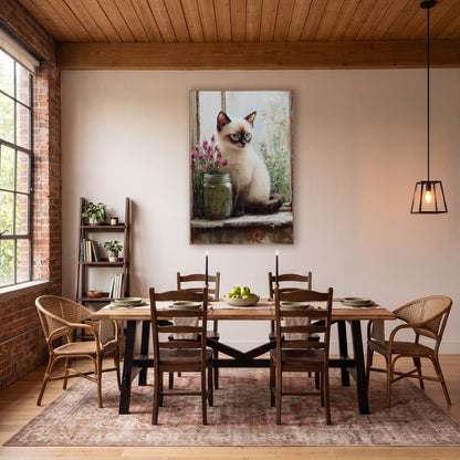 Siamese Kitten Beside Green Jar wall art in a farmhouse-style room – siamese kitten with blue eyes sitting