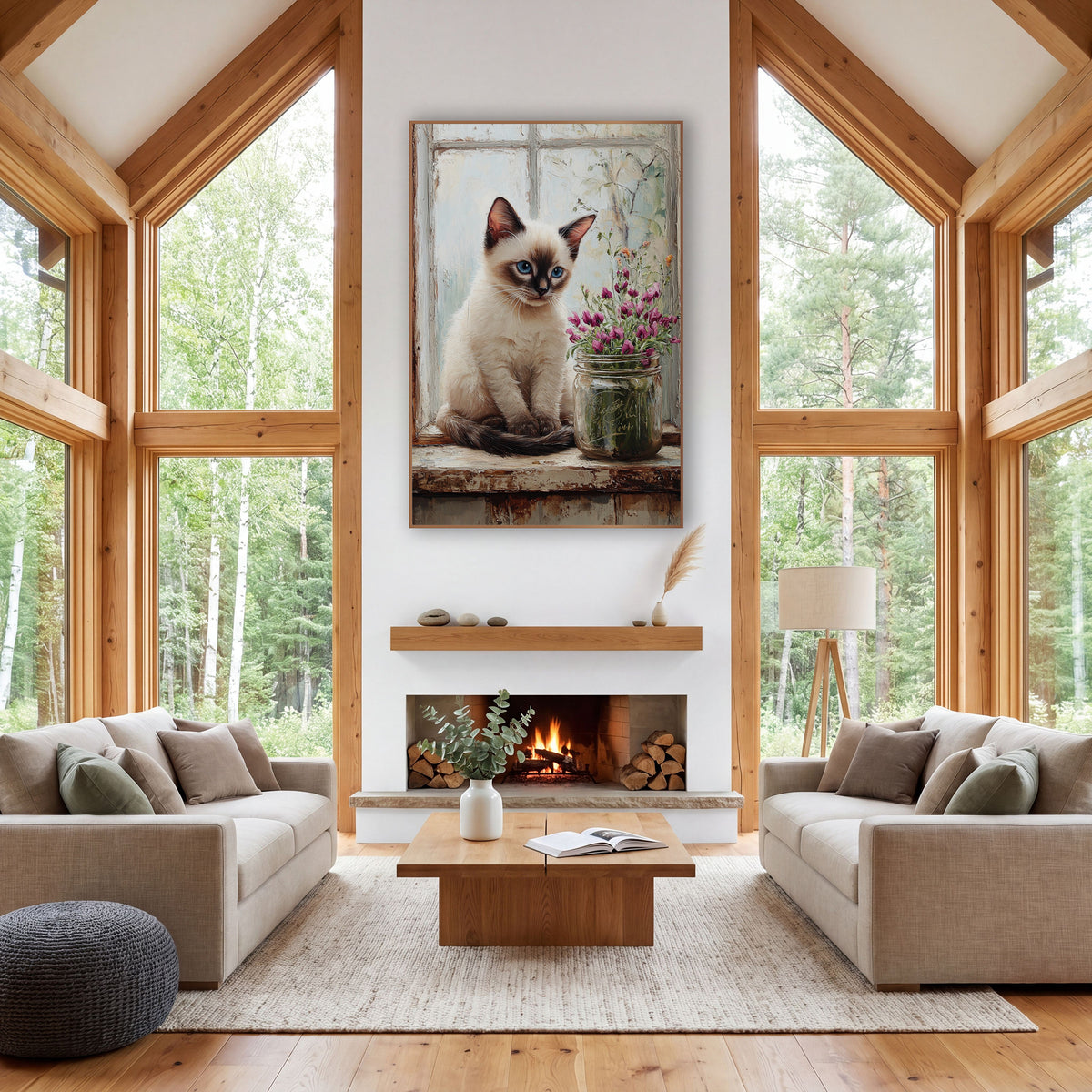 Siamese Kitten Windowsill Farmhouse Decor wall art in a farmhouse-style room – cream Siamese kitten with blue eyes
