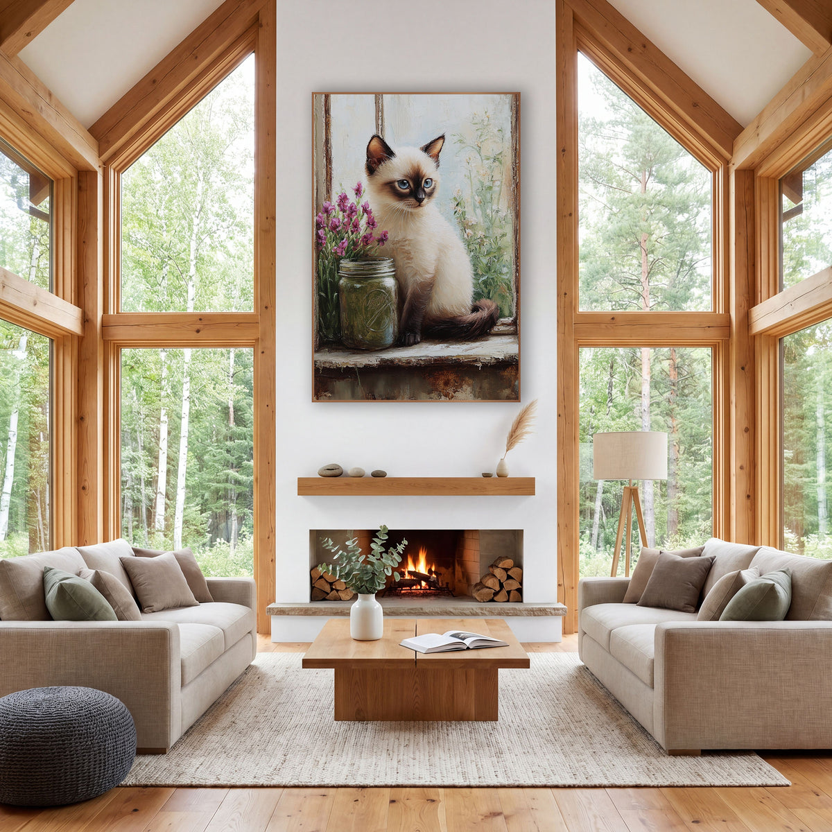 Siamese Kitten Rustic Windowsill Farmhouse wall art in a farmhouse-style room – cream Siamese kitten with blue eyes