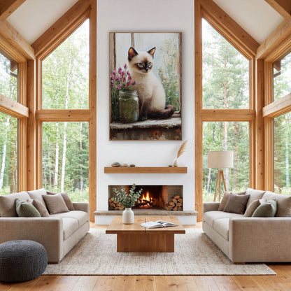 Siamese Kitten Rustic Windowsill Farmhouse wall art in a farmhouse-style room – cream Siamese kitten with blue eyes