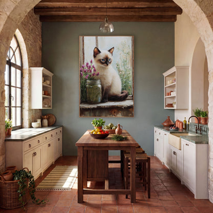 Siamese Kitten Rustic Windowsill Farmhouse wall art in a farmhouse-style room – cream Siamese kitten with blue eyes