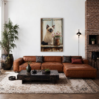 Siamese Kitten Window Farmhouse wall art in a farmhouse-style room – siamese kitten with blue eyes sitting