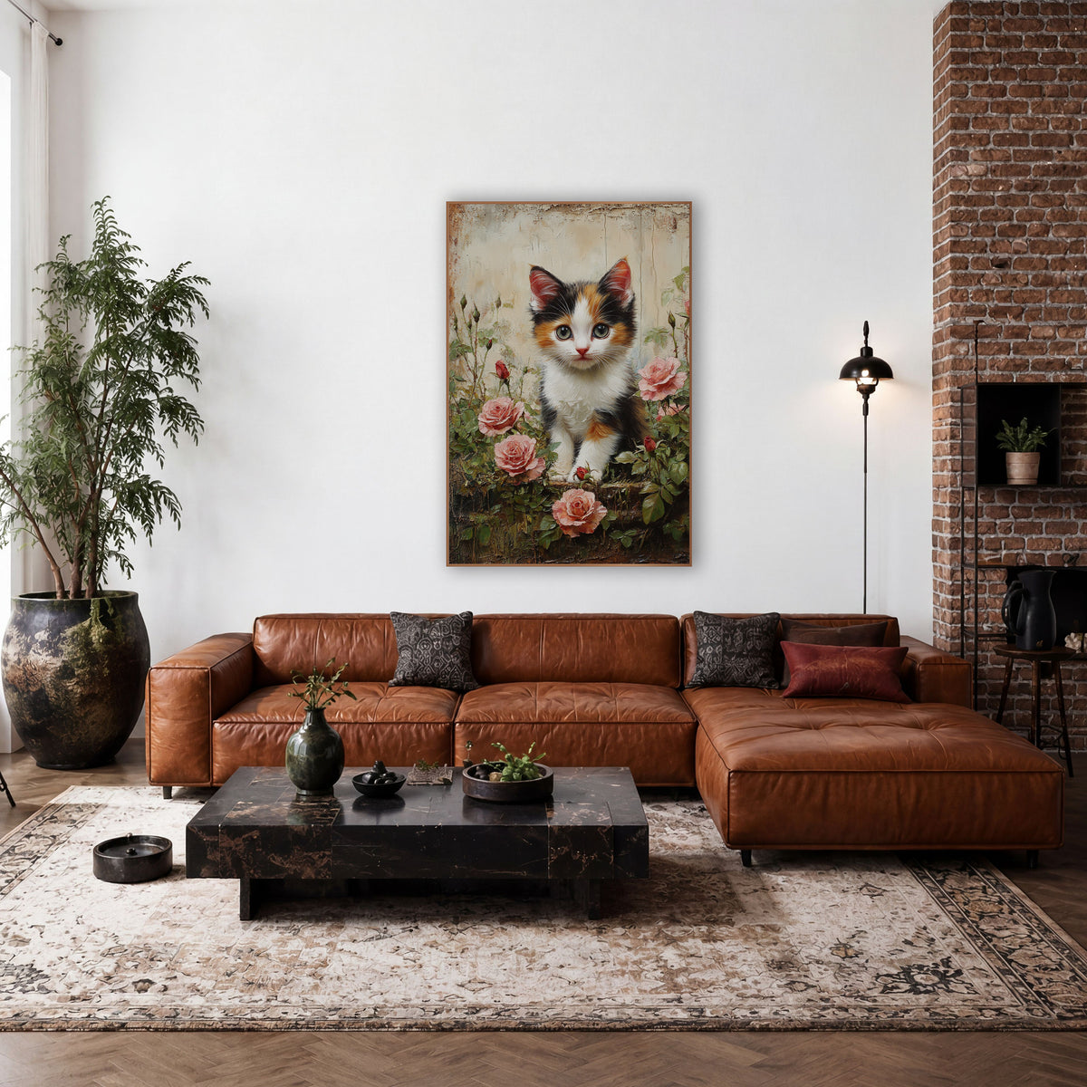 Calico Kitten Peeling Plaster Rustic wall art in a farmhouse-style room – calico kitten sitting among pink roses
