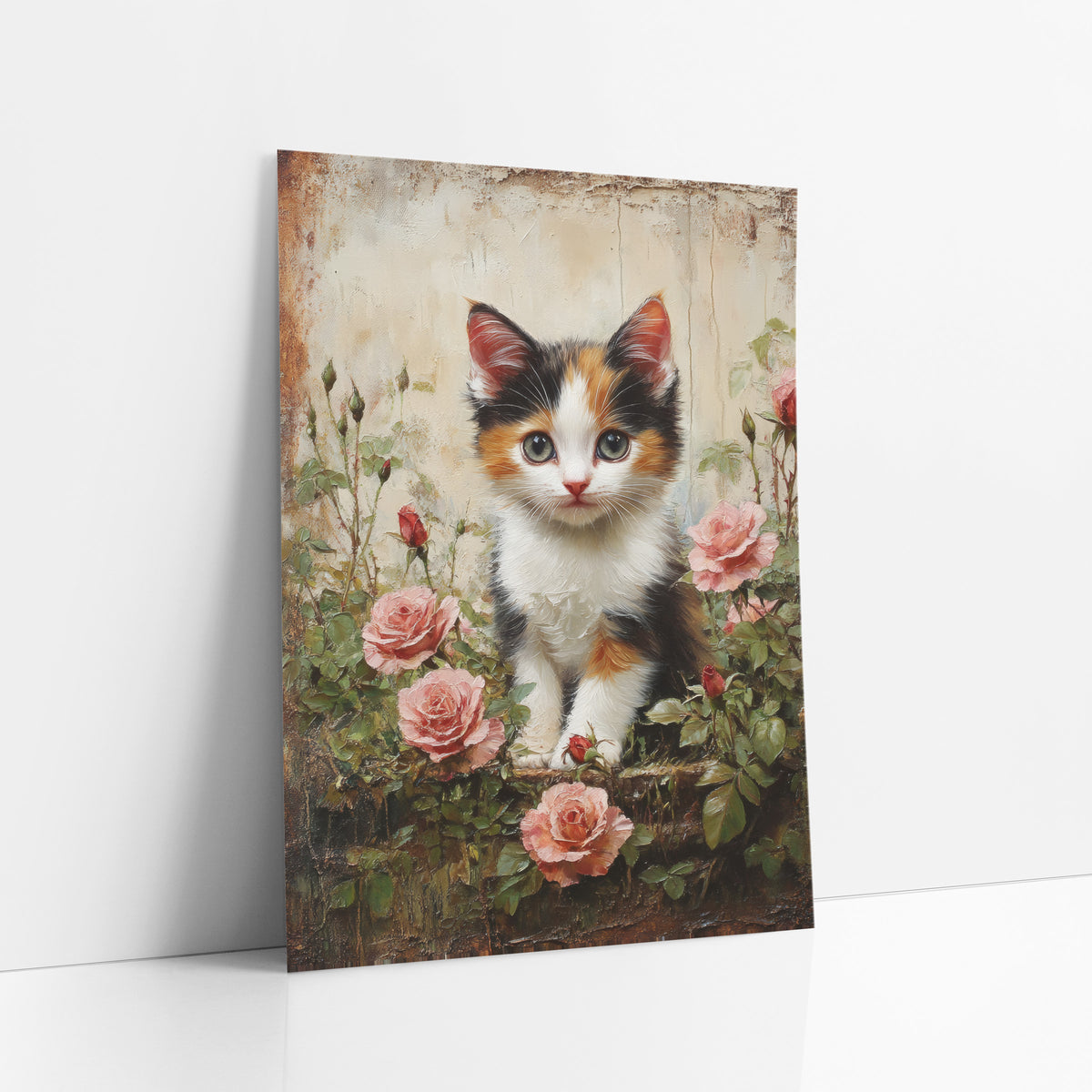 Calico Kitten Peeling Plaster Rustic art print leaning against a white wall – calico kitten sitting among pink roses