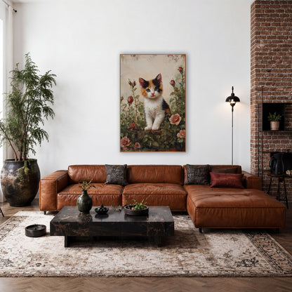 Calico Kitten Tall Rosebuds Vintage wall art in a farmhouse-style room – calico kitten sitting among pink roses