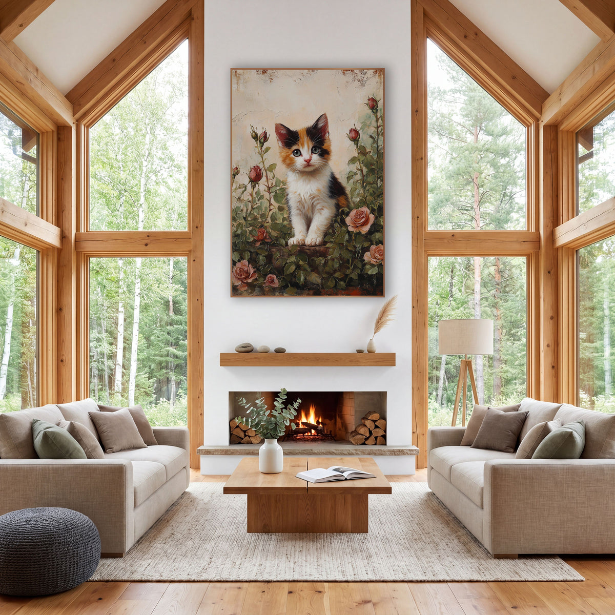 Calico Kitten Tall Rosebuds Vintage wall art in a farmhouse-style room – calico kitten sitting among pink roses