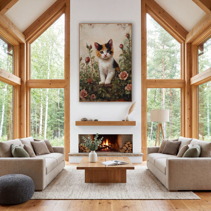 Calico Kitten Tall Rosebuds Vintage wall art in a farmhouse-style room – calico kitten sitting among pink roses