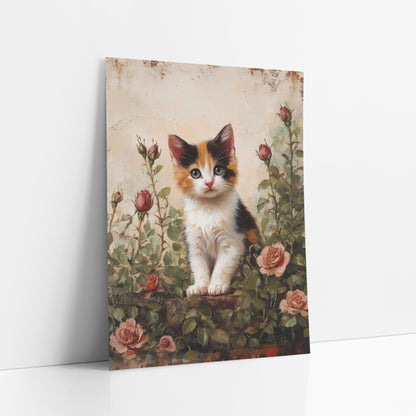 Calico Kitten Tall Rosebuds Vintage art print leaning against a white wall – calico kitten sitting among pink roses and red