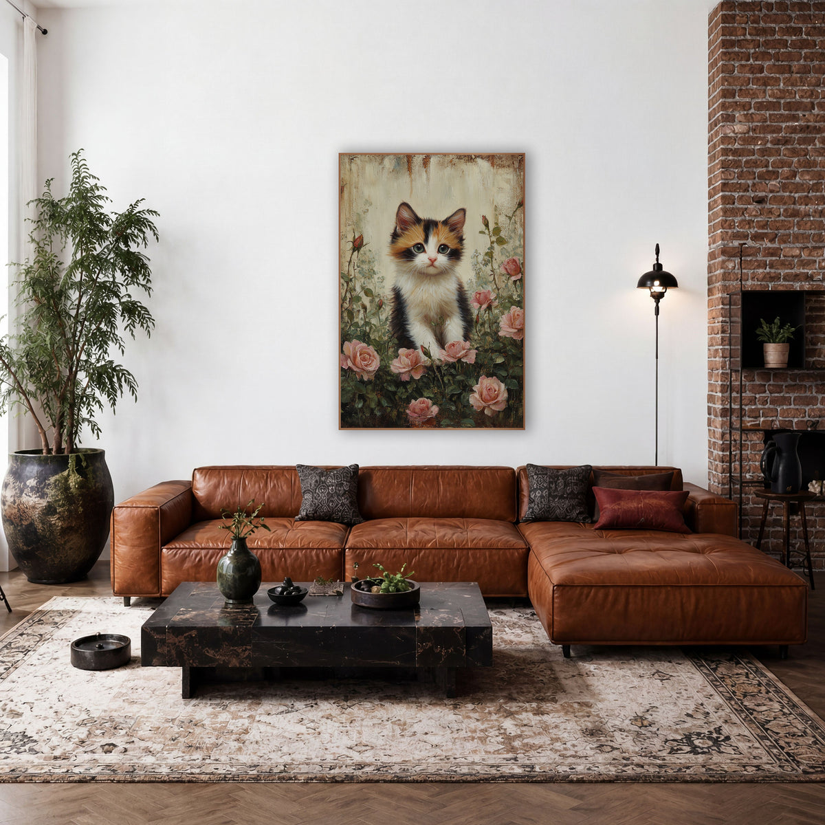Fluffy Calico Blush Roses Painterly wall art in a farmhouse-style room – calico kitten with green eyes sitting among