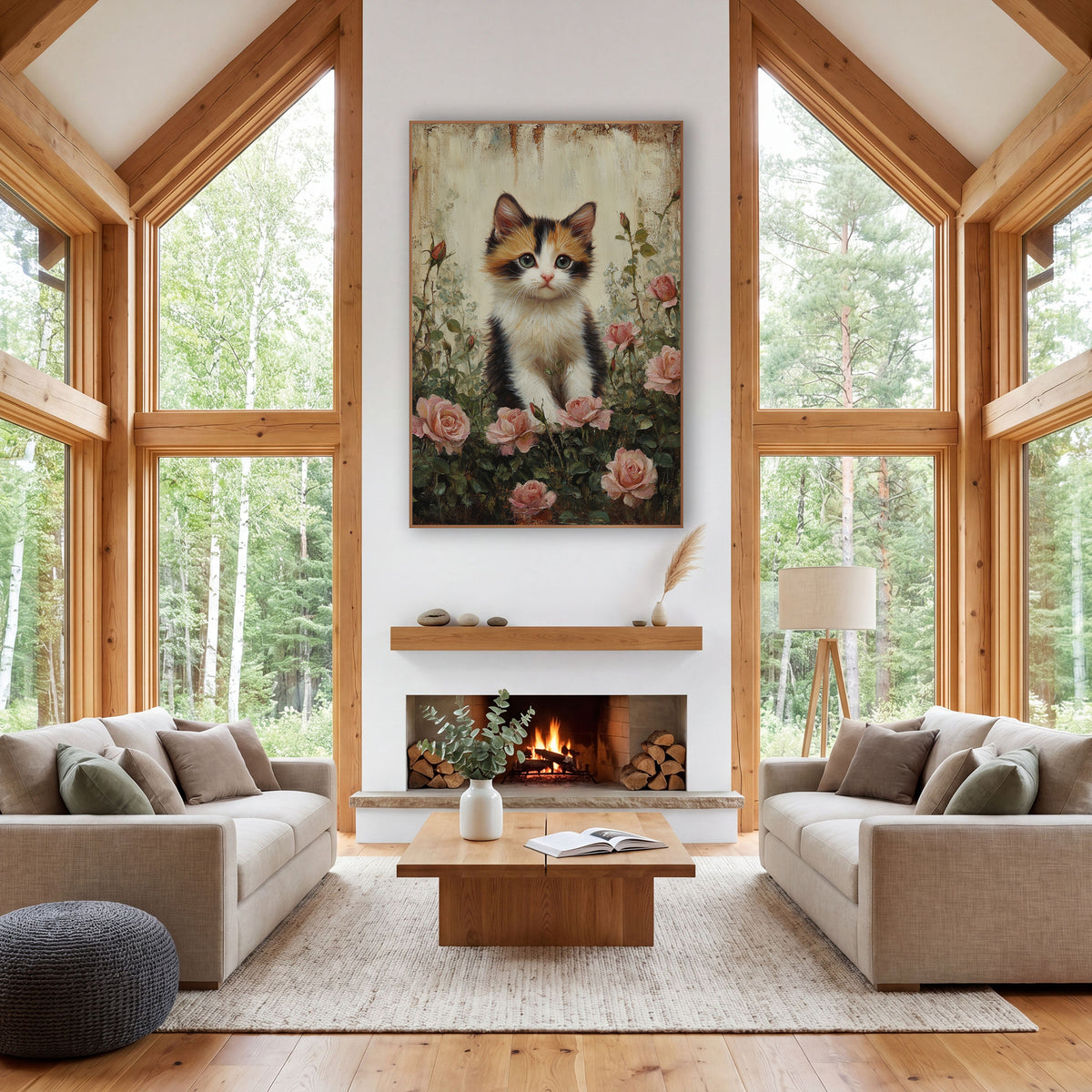 Fluffy Calico Blush Roses Painterly wall art in a farmhouse-style room – calico kitten with green eyes sitting among