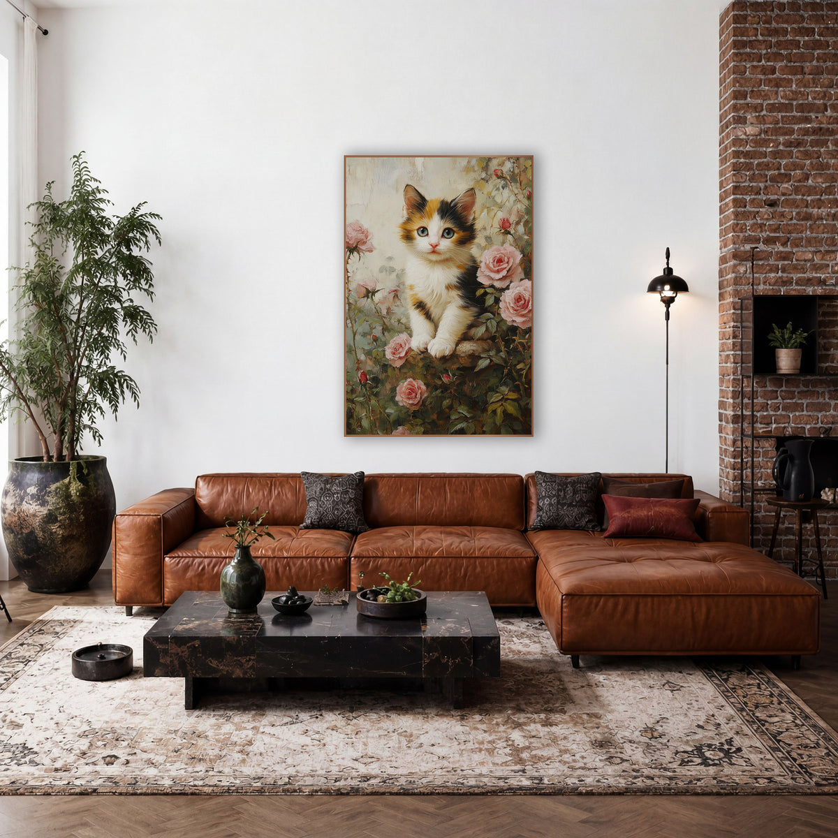 Calico Kitten Resting Paws Impressionist wall art in a farmhouse-style room – calico kitten with pale eyes sitting