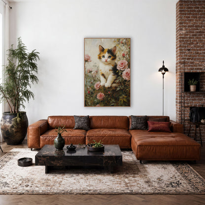 Calico Kitten Resting Paws Impressionist wall art in a farmhouse-style room – calico kitten with pale eyes sitting