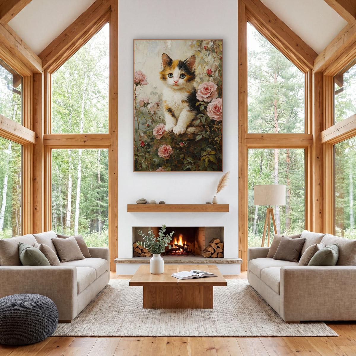 Calico Kitten Resting Paws Impressionist wall art in a farmhouse-style room – calico kitten with pale eyes sitting