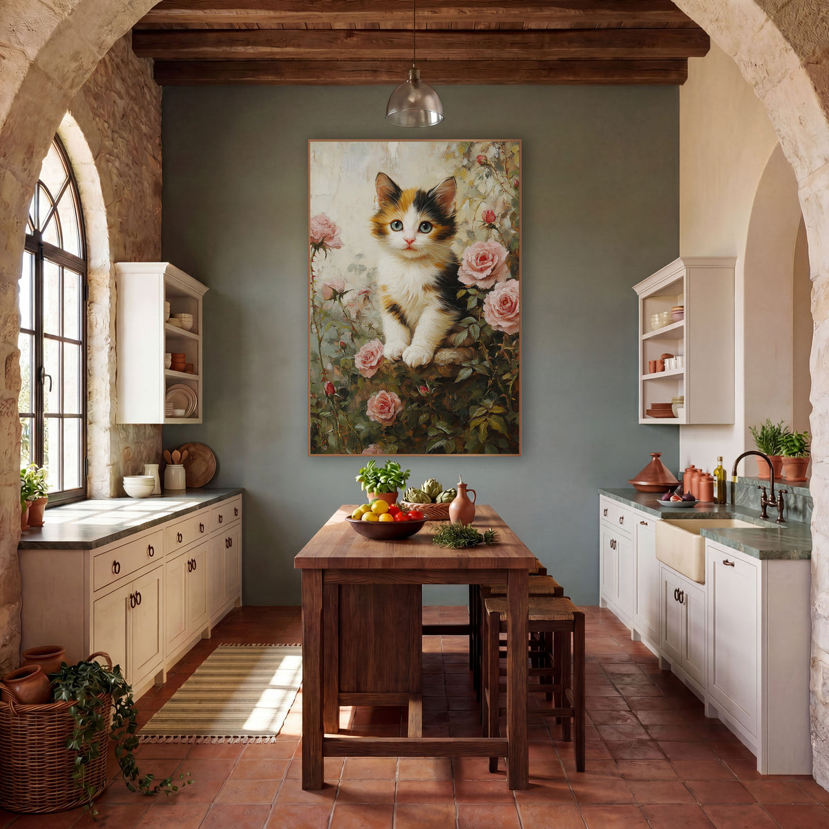Calico Kitten Resting Paws Impressionist wall art in a farmhouse-style room – calico kitten with pale eyes sitting