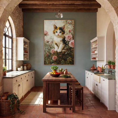 Calico Kitten Resting Paws Impressionist wall art in a farmhouse-style room – calico kitten with pale eyes sitting