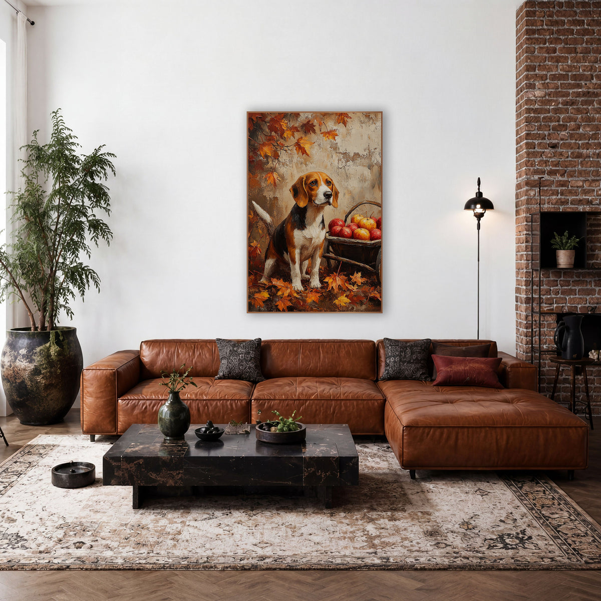 Autumn Beagle Apple Cart Farmhouse wall art in a farmhouse-style room – seated beagle beside a wooden cart of red