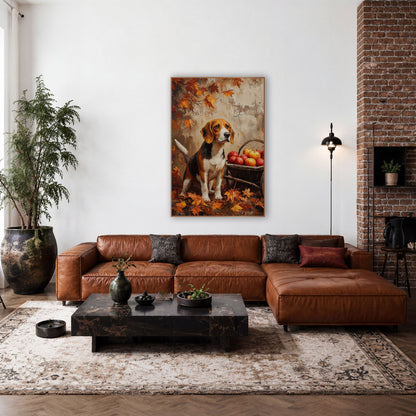 Autumn Beagle Apple Cart Farmhouse wall art in a farmhouse-style room – seated beagle beside a wooden cart of red