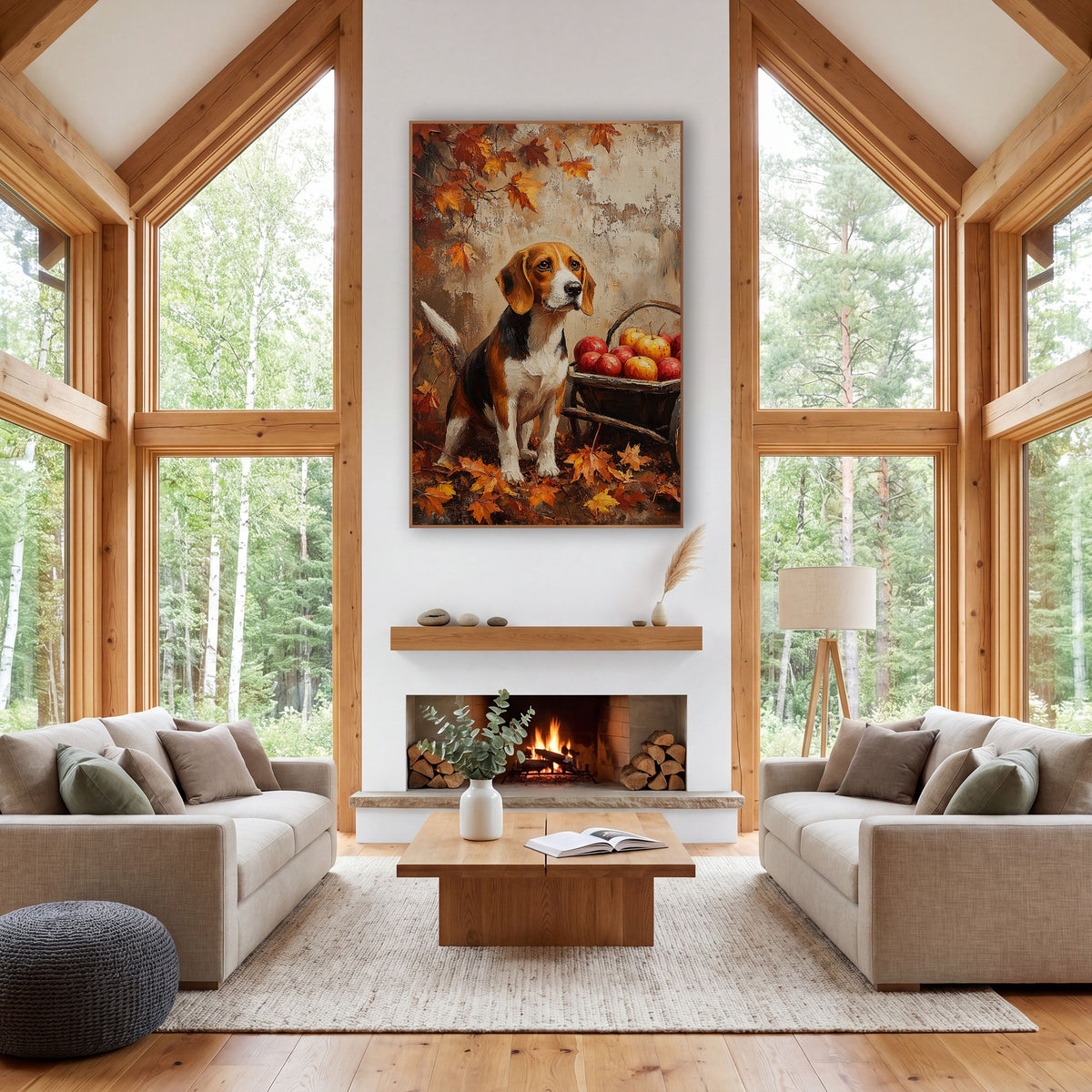 Autumn Beagle Apple Cart Farmhouse wall art in a farmhouse-style room – seated beagle beside a wooden cart of red