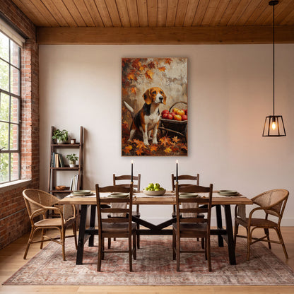 Autumn Beagle Apple Cart Farmhouse wall art in a farmhouse-style room – seated beagle beside a wooden cart of red