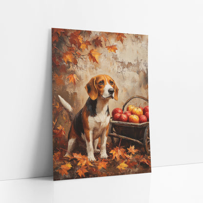 Autumn Beagle Apple Cart Farmhouse art print leaning against a white wall – seated beagle beside a wooden cart of red apples