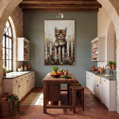 Tabby Kitten Whitewashed Pickets Painterly wall art in a farmhouse-style room – tabby kitten with green eyes resting
