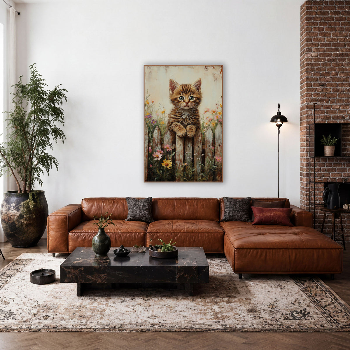Fluffy Kitten Yellow Daisy Rustic wall art in a farmhouse-style room – tabby kitten with green eyes resting paws