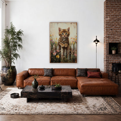 Fluffy Kitten Yellow Daisy Rustic wall art in a farmhouse-style room – tabby kitten with green eyes resting paws