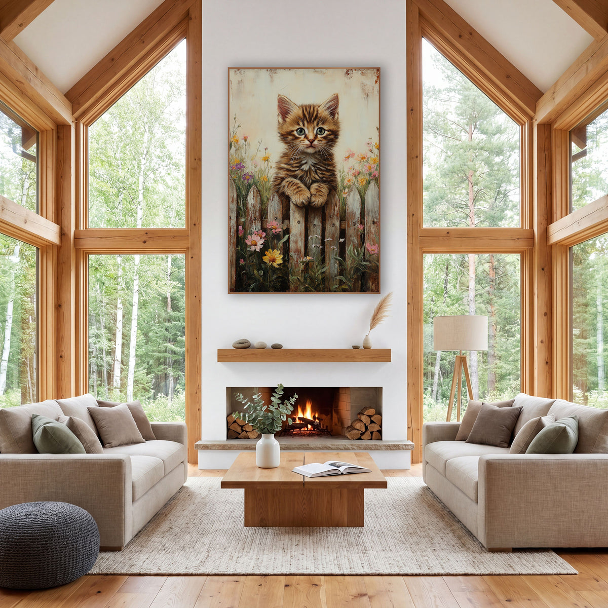 Fluffy Kitten Yellow Daisy Rustic wall art in a farmhouse-style room – tabby kitten with green eyes resting paws