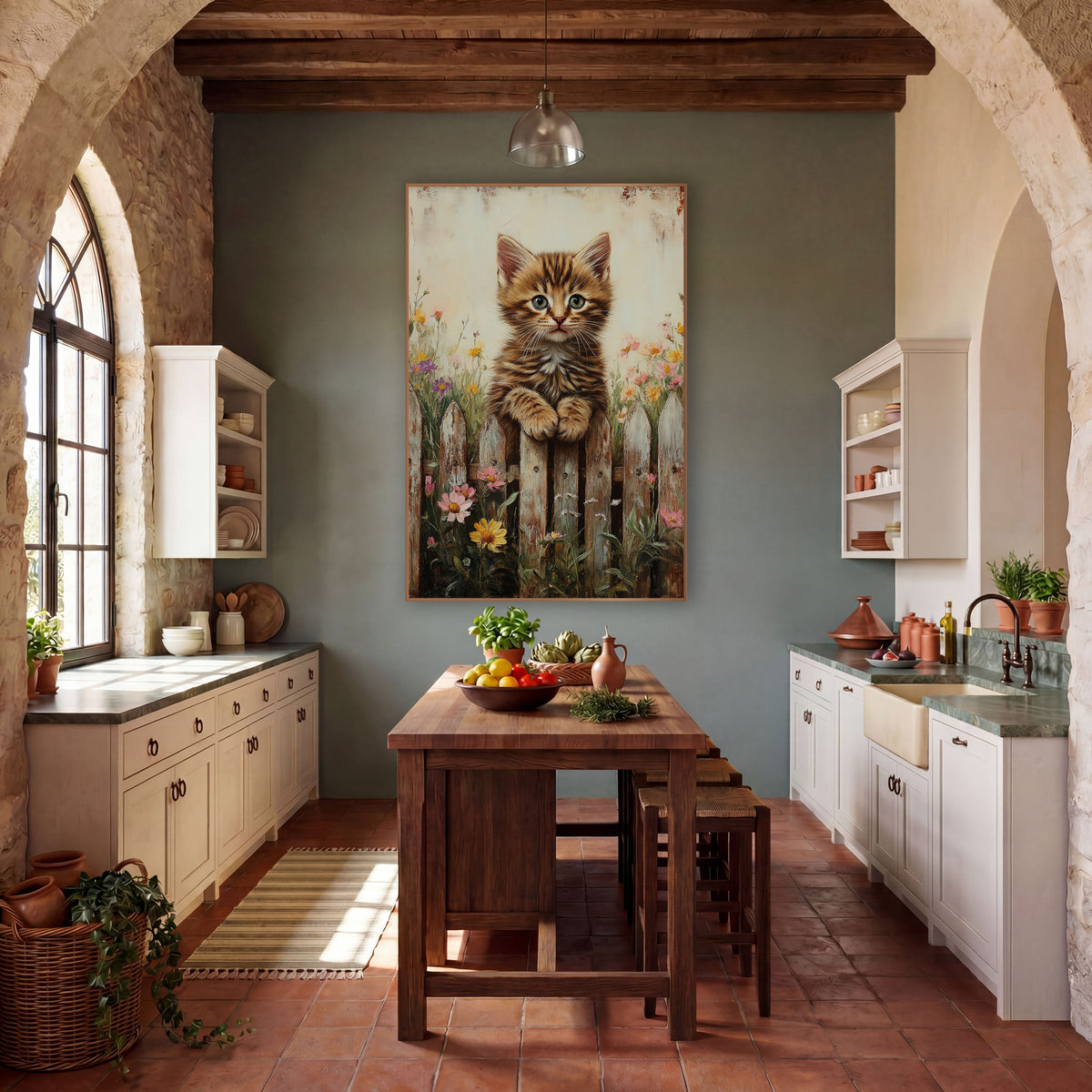 Fluffy Kitten Yellow Daisy Rustic wall art in a farmhouse-style room – tabby kitten with green eyes resting paws