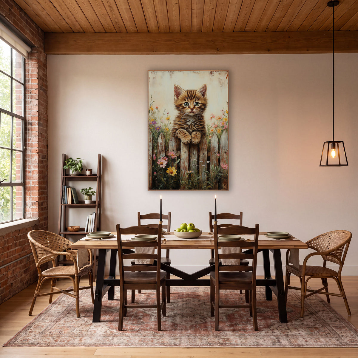 Fluffy Kitten Yellow Daisy Rustic wall art in a farmhouse-style room – tabby kitten with green eyes resting paws