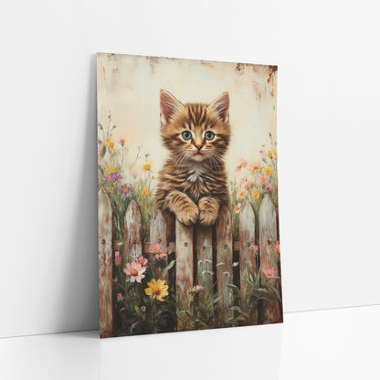 Fluffy Kitten Yellow Daisy Rustic art print leaning against a white wall – tabby kitten with green eyes resting paws