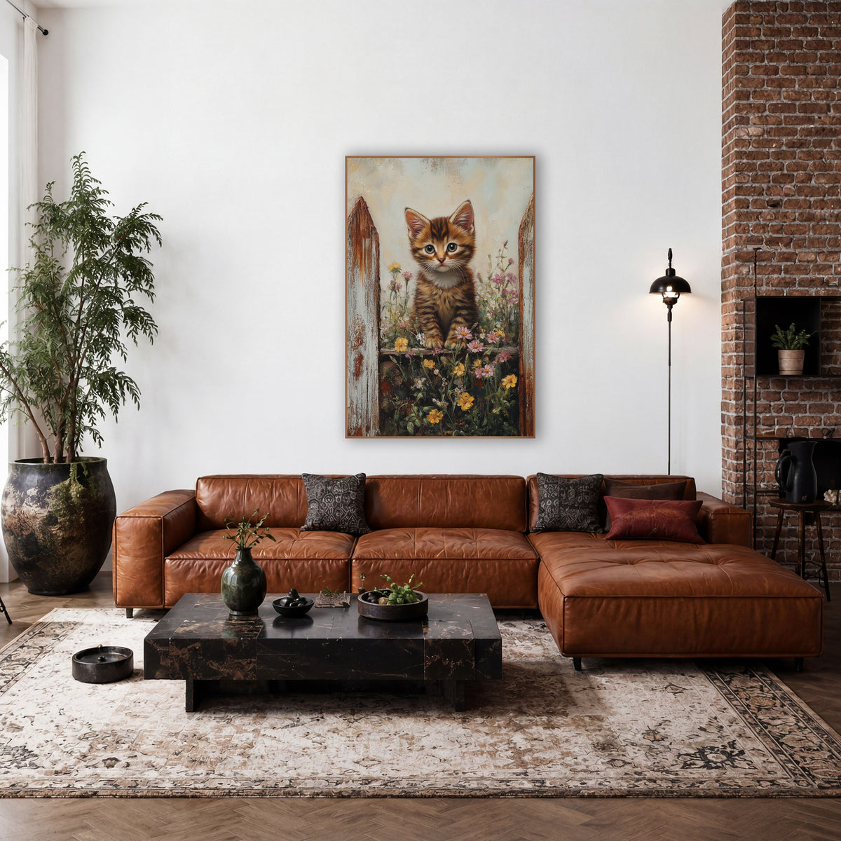 Seated Kitten Between Fenceposts Vintage wall art in a farmhouse-style room – striped kitten with green eyes sitting