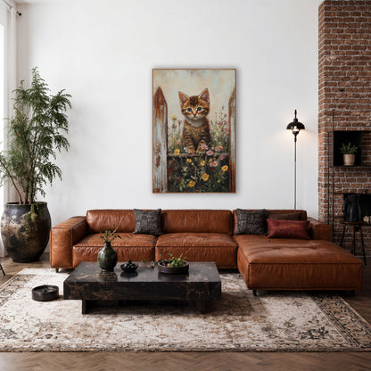 Seated Kitten Between Fenceposts Vintage wall art in a farmhouse-style room – striped kitten with green eyes sitting