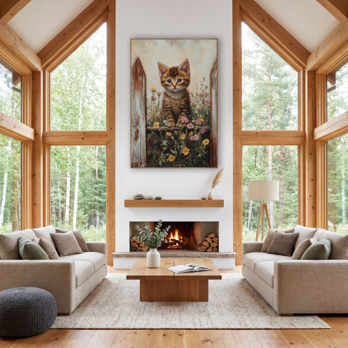 Seated Kitten Between Fenceposts Vintage wall art in a farmhouse-style room – striped kitten with green eyes sitting